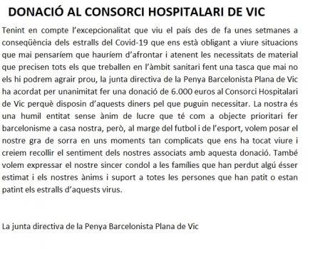 COVID - 19, Donació de la Penya Barcelonista Plana de Vic al Consorci Hospitalari de Vic. 
