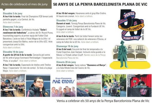 Actes del mes de juny Durant el mes de juny per celebrar els 50 anys de la Penya Barcelonista Plana de Vic realitzem un seguit d'actes els quals us fem partíceps a tots els socis i sòcies